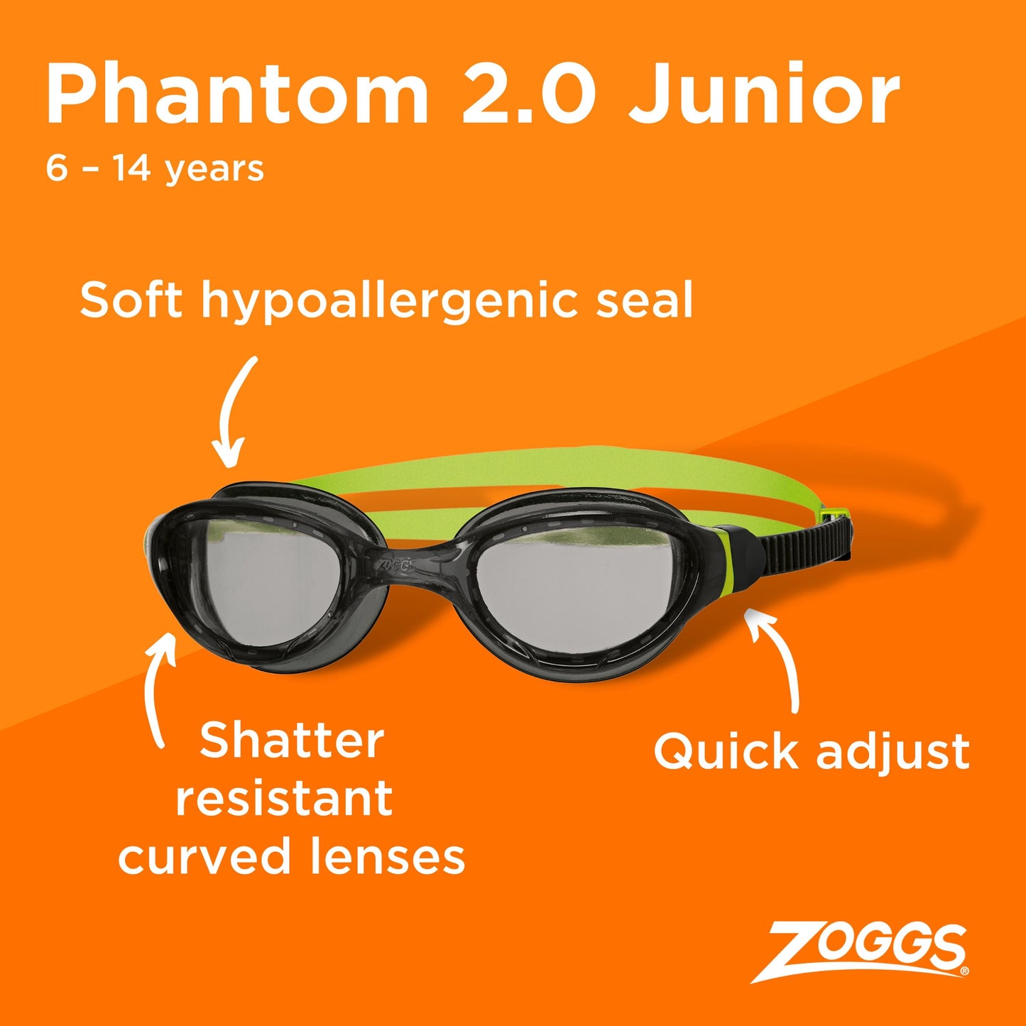 Zoggs Phantom 2.0 Junior Goggles Black/Lime/Tint Smoke